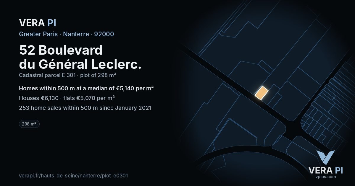52 Boulevard du Général Leclerc, Nanterre at night – the plot lit, the parcels around coloured by the prices near them