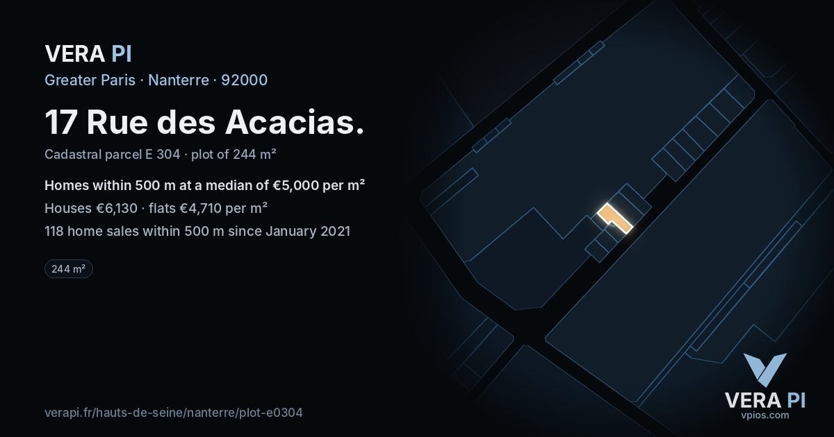 17 Rue des Acacias, Nanterre at night – the plot lit, the parcels around coloured by the prices near them