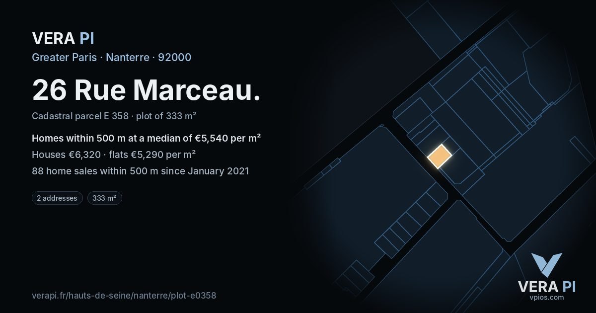 26 Rue Marceau, Nanterre at night – the plot lit, the parcels around coloured by the prices near them