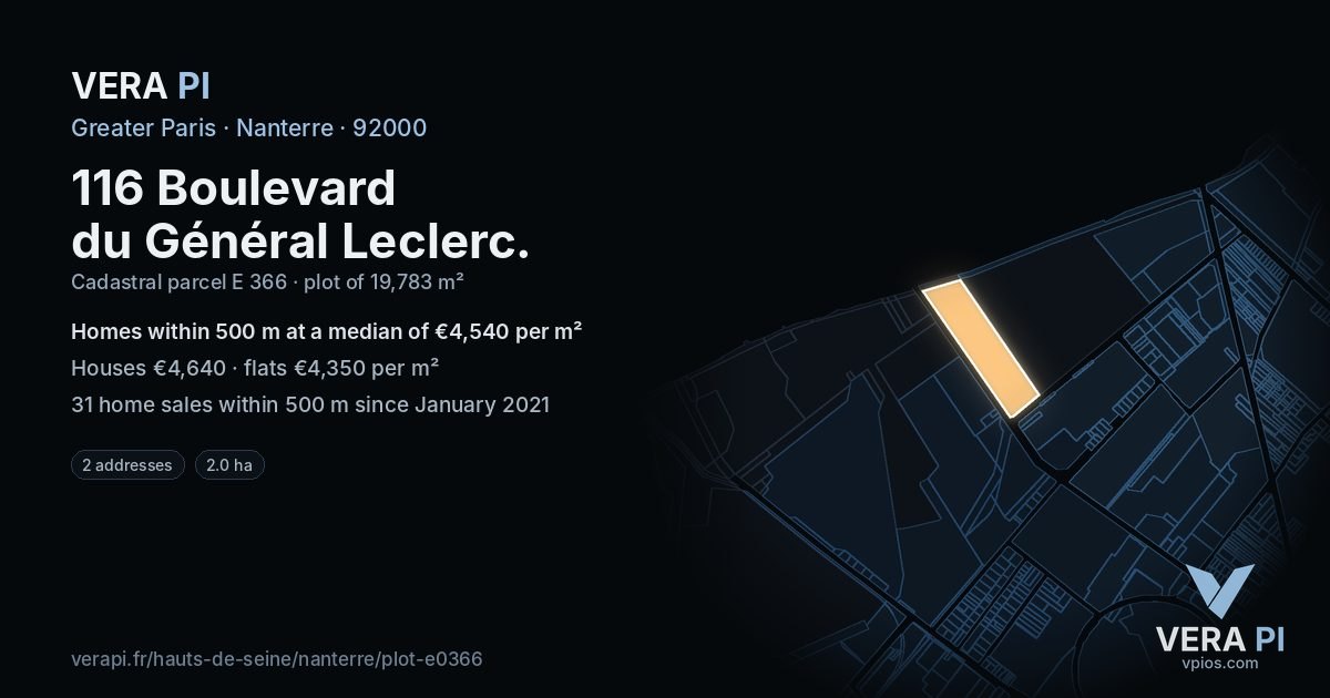 116 Boulevard du Général Leclerc, Nanterre at night – the plot lit, the parcels around coloured by the prices near them