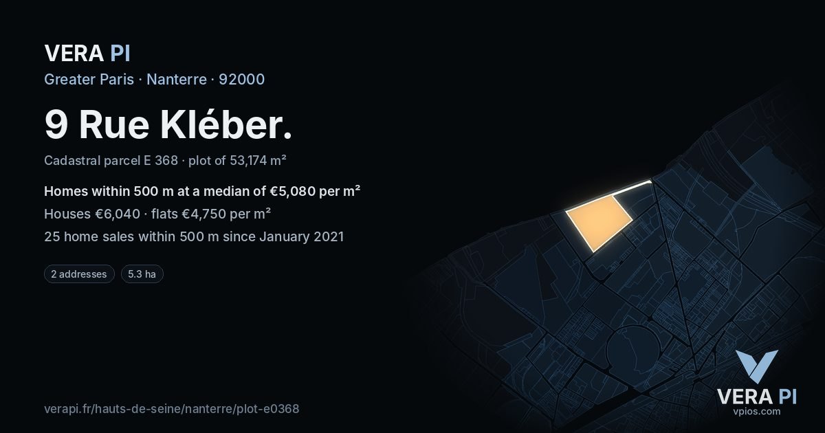 9 Rue Kléber, Nanterre at night – the plot lit, the parcels around coloured by the prices near them