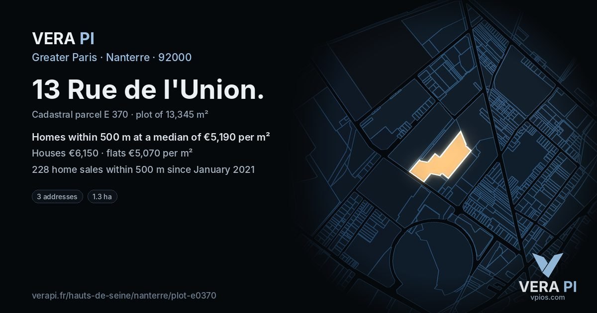 13 Rue de l'Union, Nanterre at night – the plot lit, the parcels around coloured by the prices near them