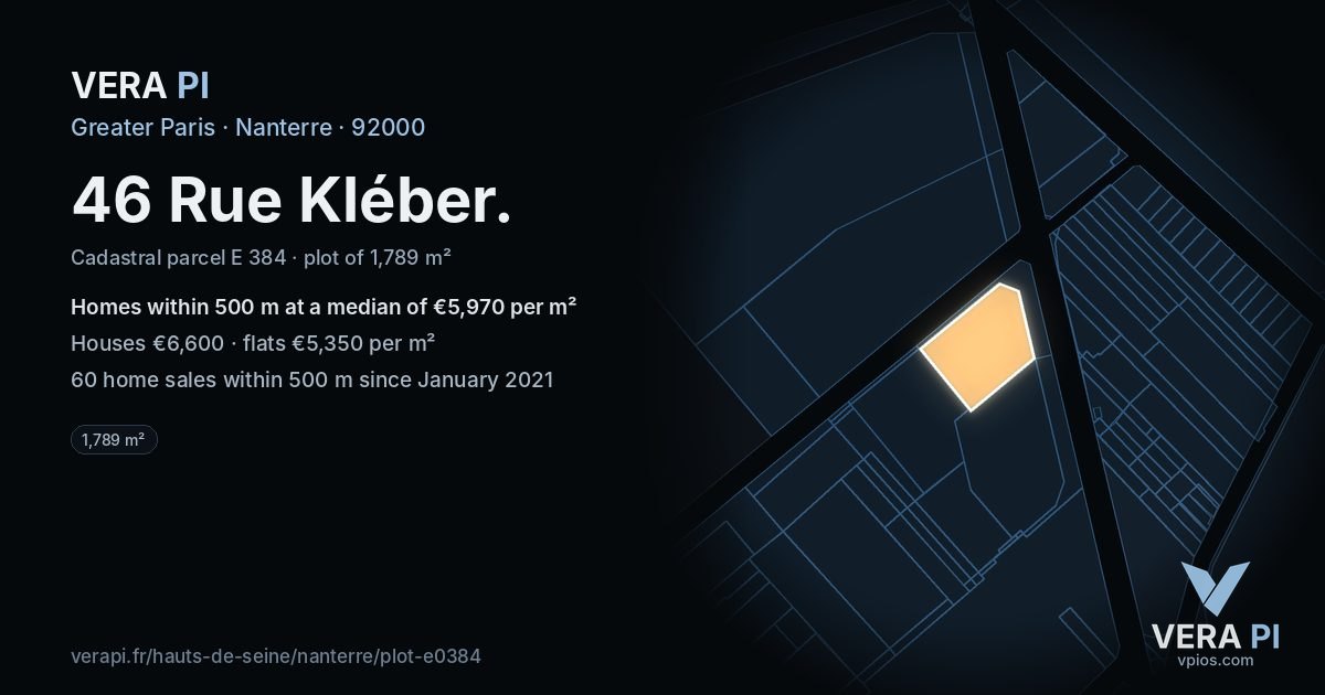 46 Rue Kléber, Nanterre at night – the plot lit, the parcels around coloured by the prices near them