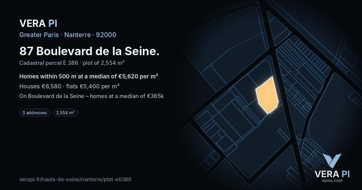 87 Boulevard de la Seine, Nanterre at night – the plot lit, the parcels around coloured by the prices near them