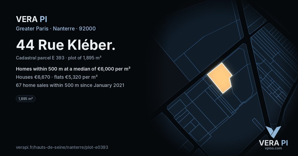 44 Rue Kléber, Nanterre at night – the plot lit, the parcels around coloured by the prices near them