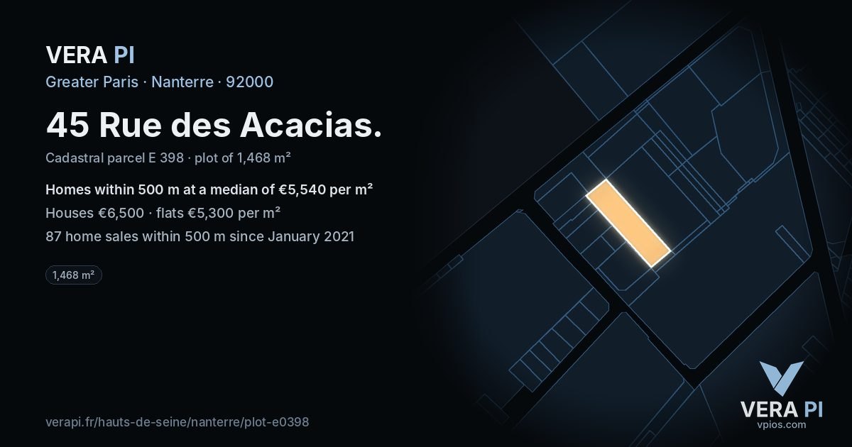 45 Rue des Acacias, Nanterre at night – the plot lit, the parcels around coloured by the prices near them