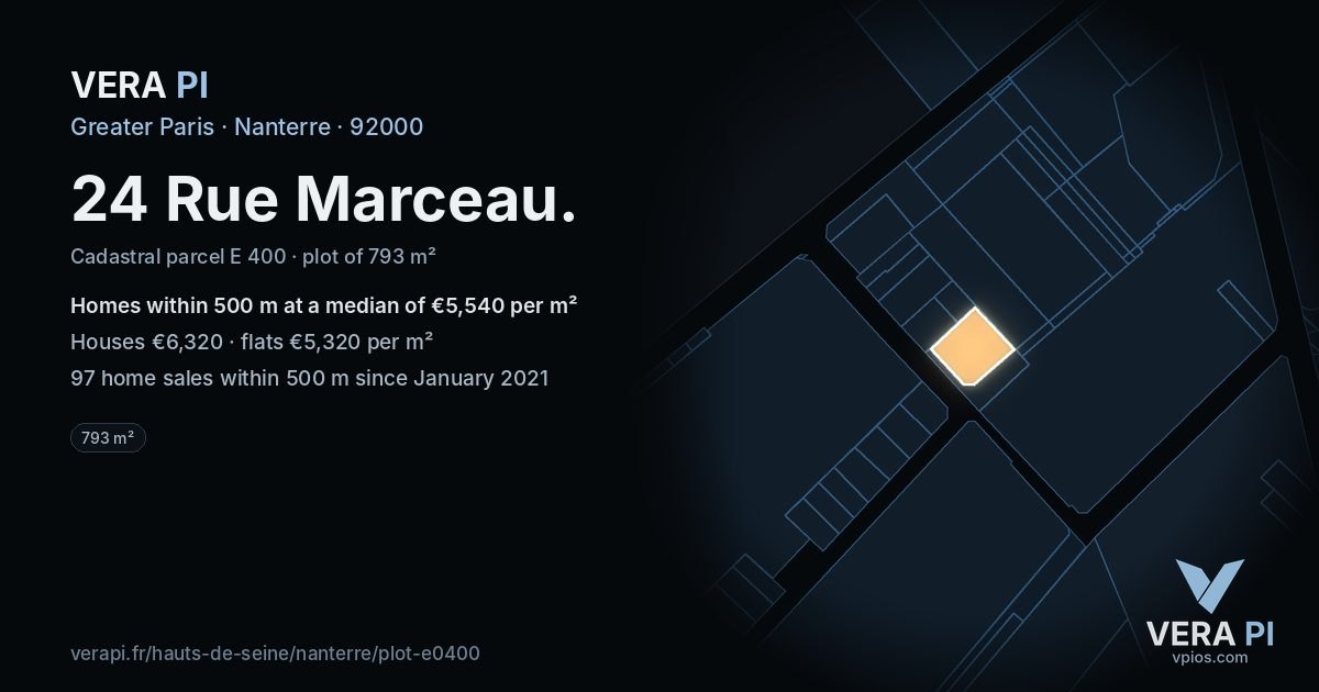 24 Rue Marceau, Nanterre at night – the plot lit, the parcels around coloured by the prices near them