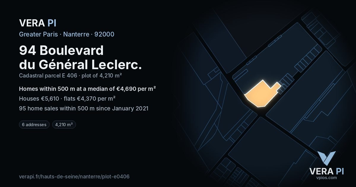 94 Boulevard du Général Leclerc, Nanterre at night – the plot lit, the parcels around coloured by the prices near them