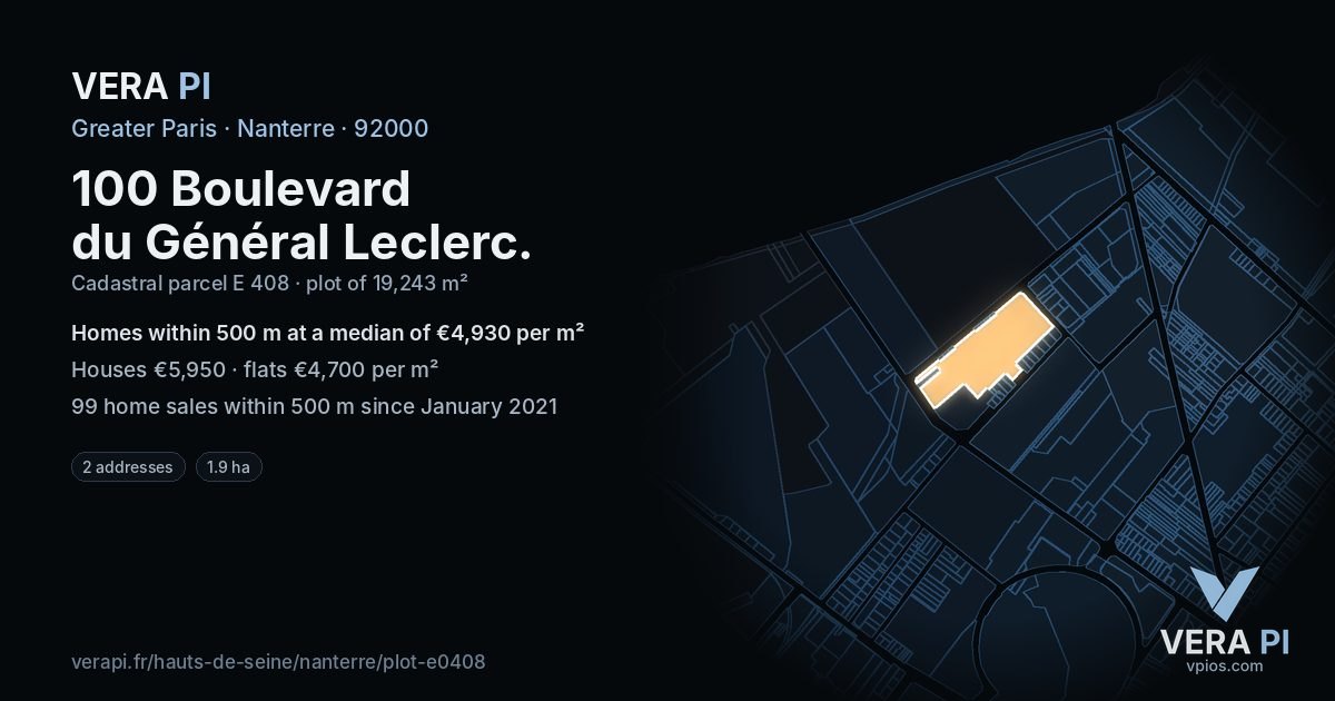 100 Boulevard du Général Leclerc, Nanterre at night – the plot lit, the parcels around coloured by the prices near them