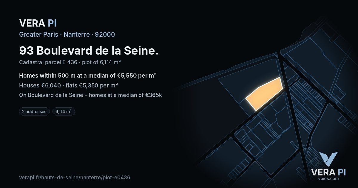 93 Boulevard de la Seine, Nanterre at night – the plot lit, the parcels around coloured by the prices near them