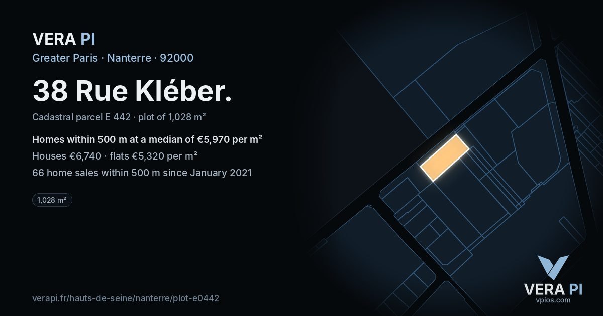 38 Rue Kléber, Nanterre at night – the plot lit, the parcels around coloured by the prices near them