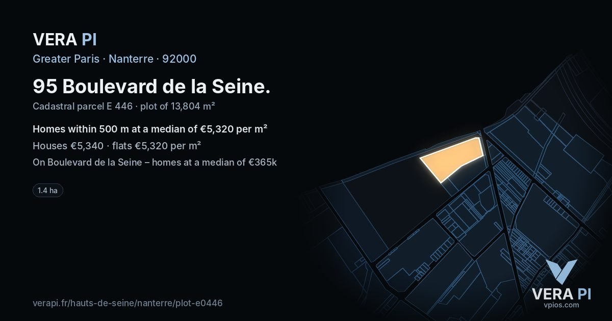 95 Boulevard de la Seine, Nanterre at night – the plot lit, the parcels around coloured by the prices near them