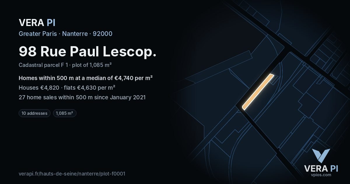 98 Rue Paul Lescop, Nanterre at night – the plot lit, the parcels around coloured by the prices near them