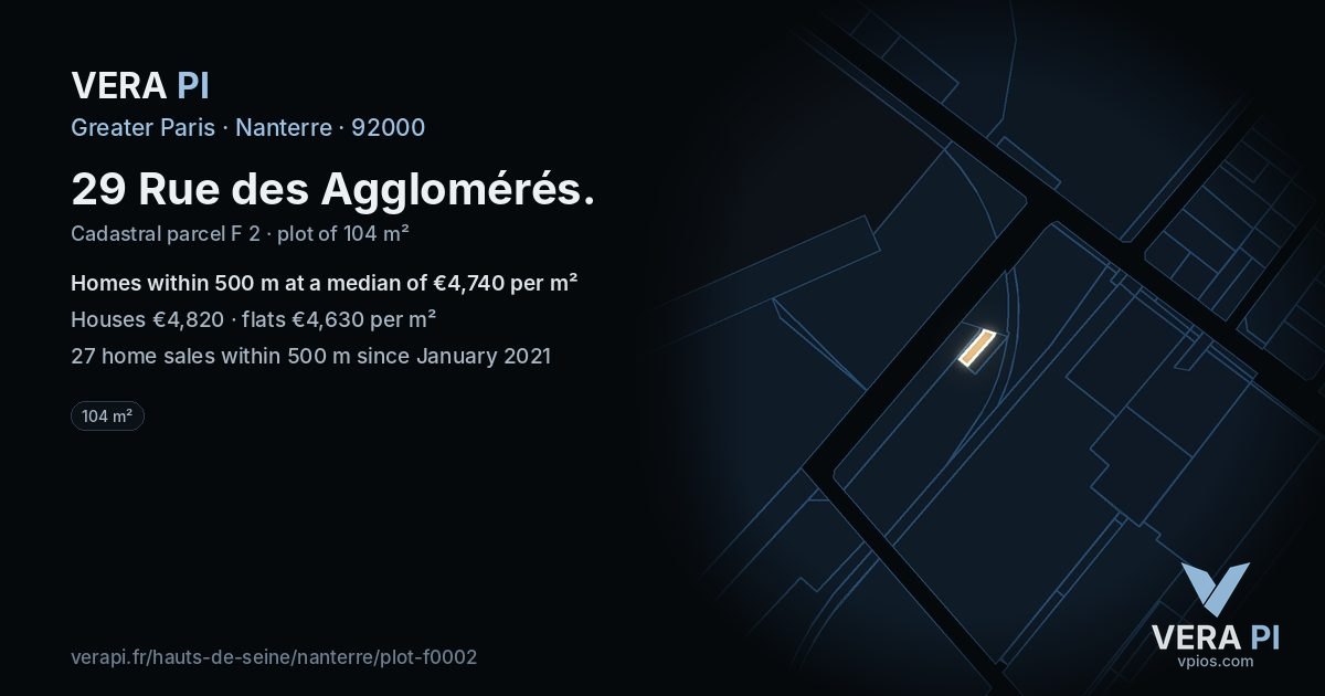 29 Rue des Agglomérés, Nanterre at night – the plot lit, the parcels around coloured by the prices near them