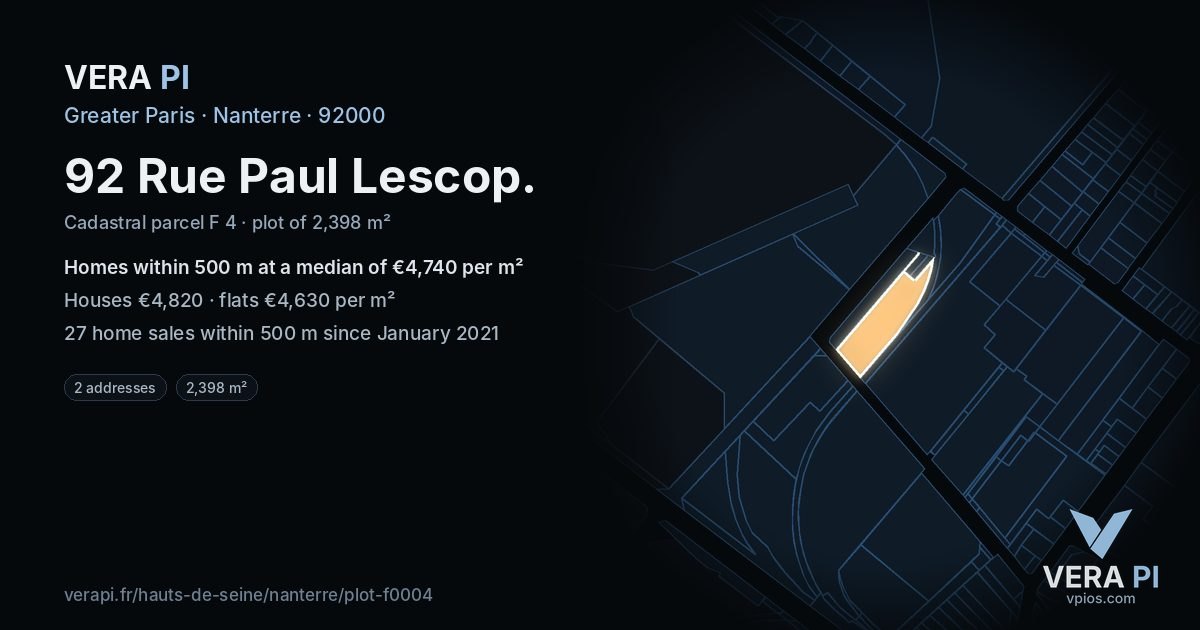 92 Rue Paul Lescop, Nanterre at night – the plot lit, the parcels around coloured by the prices near them