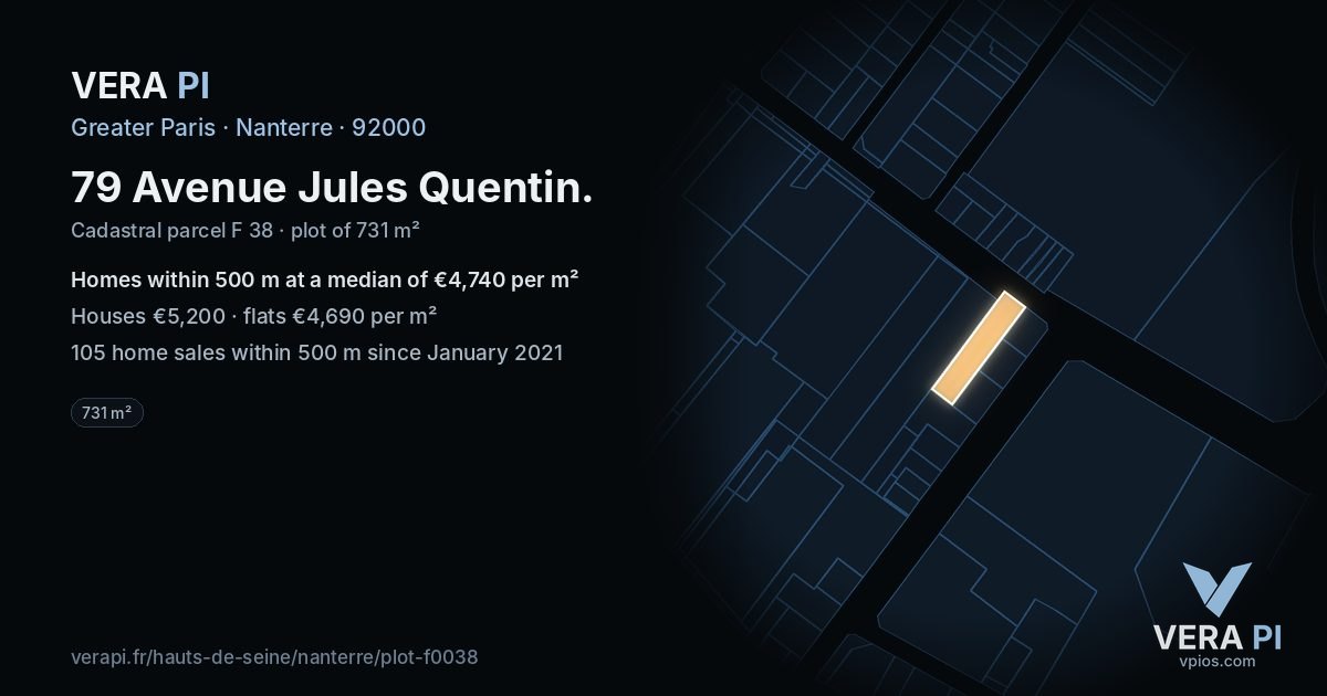 79 Avenue Jules Quentin, Nanterre at night – the plot lit, the parcels around coloured by the prices near them