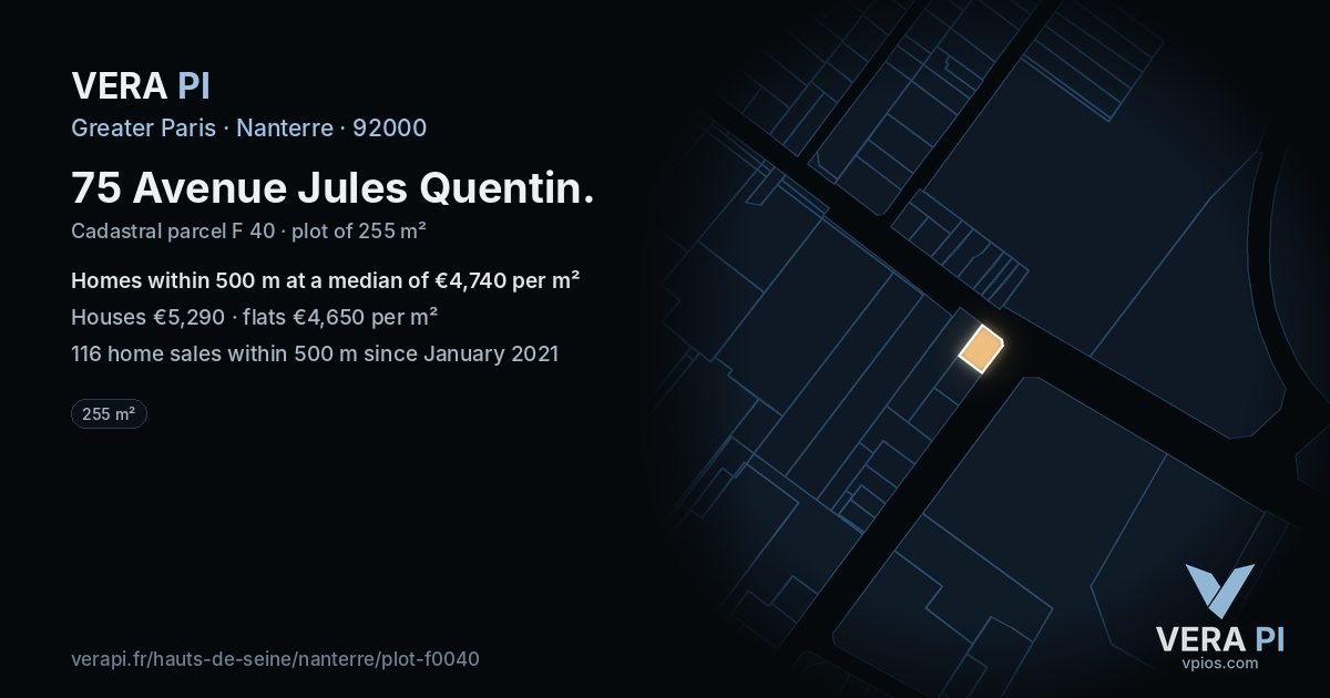 75 Avenue Jules Quentin, Nanterre at night – the plot lit, the parcels around coloured by the prices near them