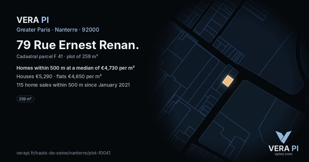 79 Rue Ernest Renan, Nanterre at night – the plot lit, the parcels around coloured by the prices near them