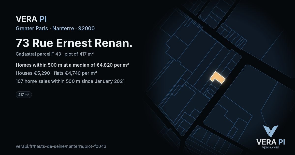 73 Rue Ernest Renan, Nanterre at night – the plot lit, the parcels around coloured by the prices near them