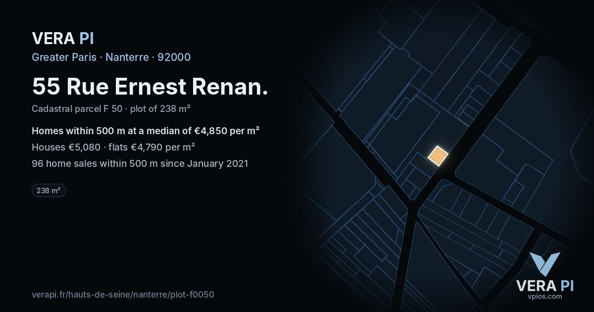 55 Rue Ernest Renan, Nanterre at night – the plot lit, the parcels around coloured by the prices near them