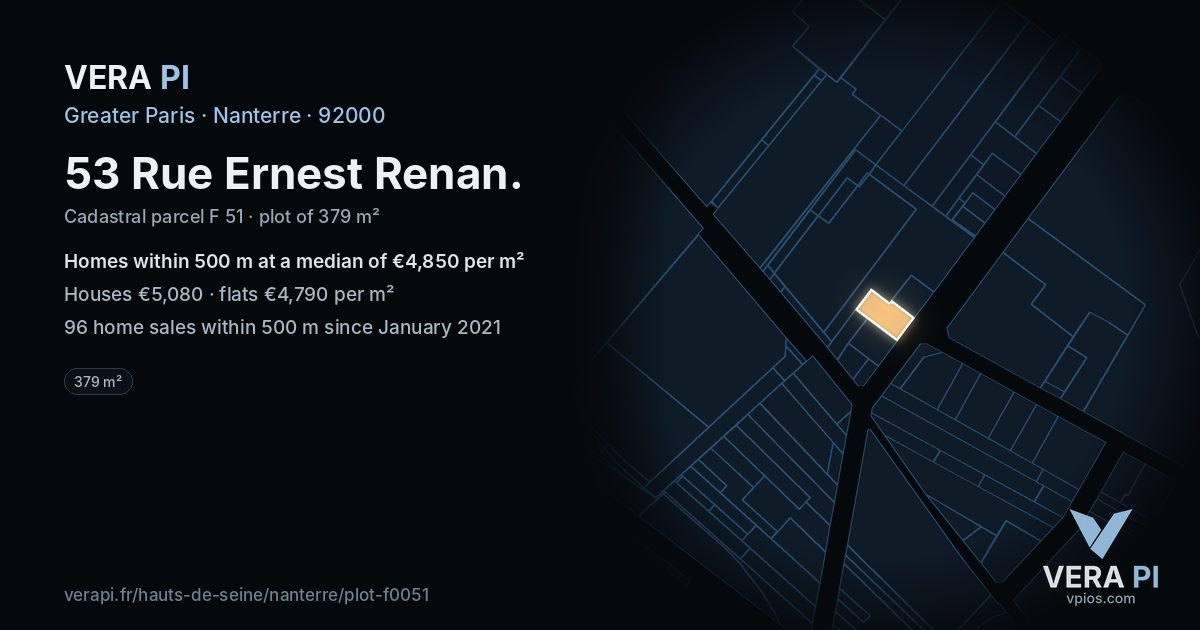 53 Rue Ernest Renan, Nanterre at night – the plot lit, the parcels around coloured by the prices near them