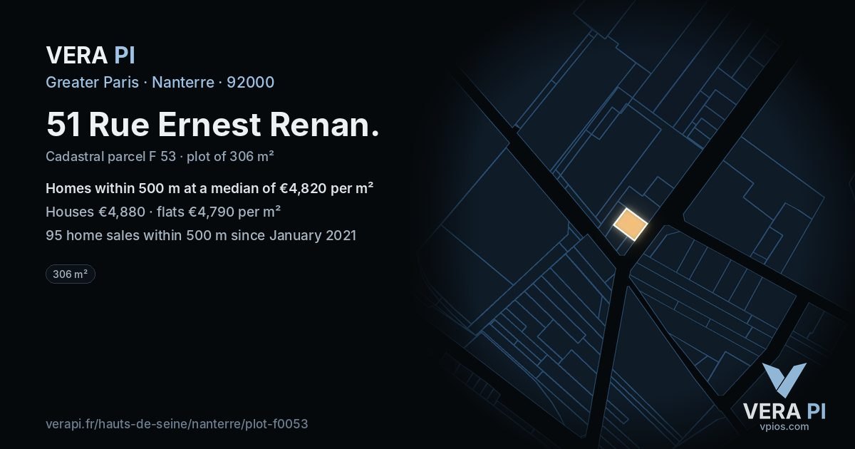51 Rue Ernest Renan, Nanterre at night – the plot lit, the parcels around coloured by the prices near them