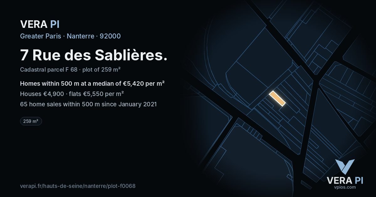 7 Rue des Sablières, Nanterre at night – the plot lit, the parcels around coloured by the prices near them