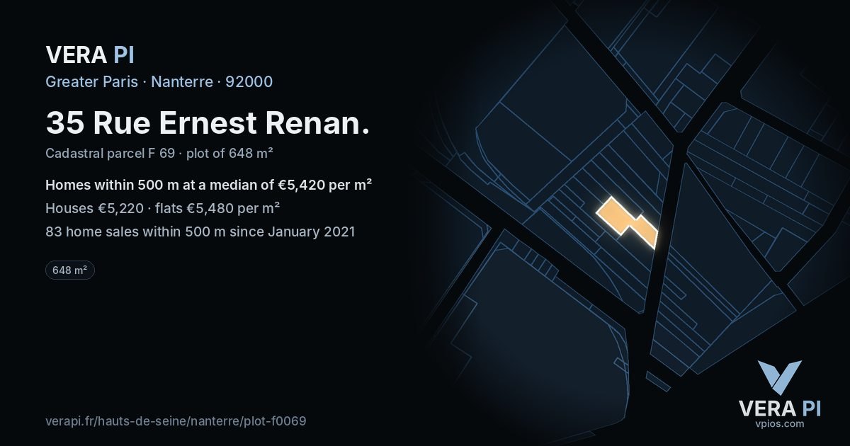 35 Rue Ernest Renan, Nanterre at night – the plot lit, the parcels around coloured by the prices near them