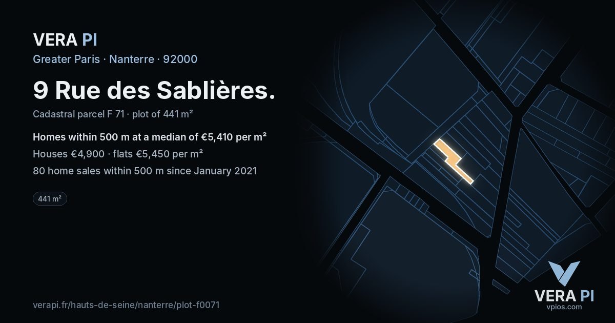9 Rue des Sablières, Nanterre at night – the plot lit, the parcels around coloured by the prices near them