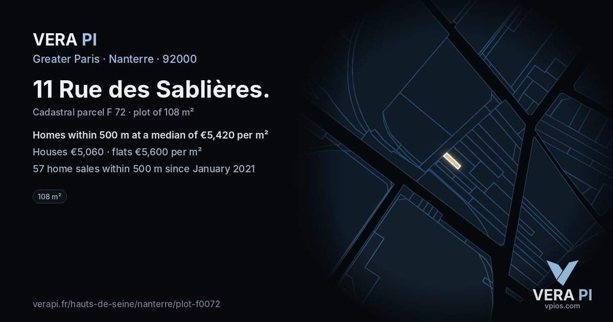 11 Rue des Sablières, Nanterre at night – the plot lit, the parcels around coloured by the prices near them
