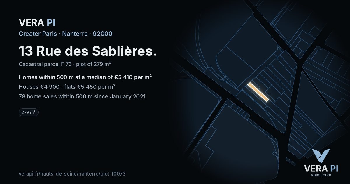 13 Rue des Sablières, Nanterre at night – the plot lit, the parcels around coloured by the prices near them