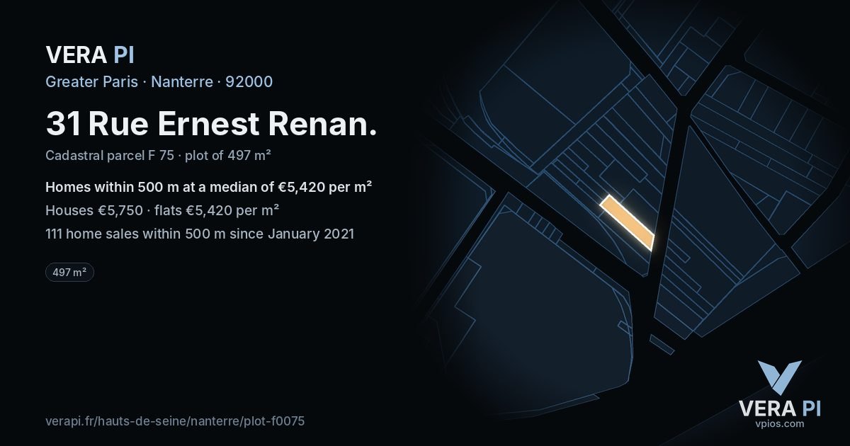 31 Rue Ernest Renan, Nanterre at night – the plot lit, the parcels around coloured by the prices near them