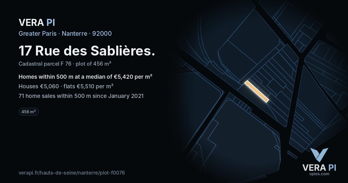 17 Rue des Sablières, Nanterre at night – the plot lit, the parcels around coloured by the prices near them