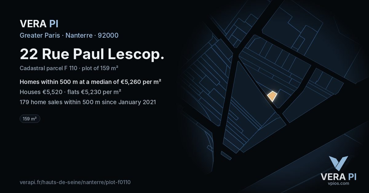 22 Rue Paul Lescop, Nanterre at night – the plot lit, the parcels around coloured by the prices near them
