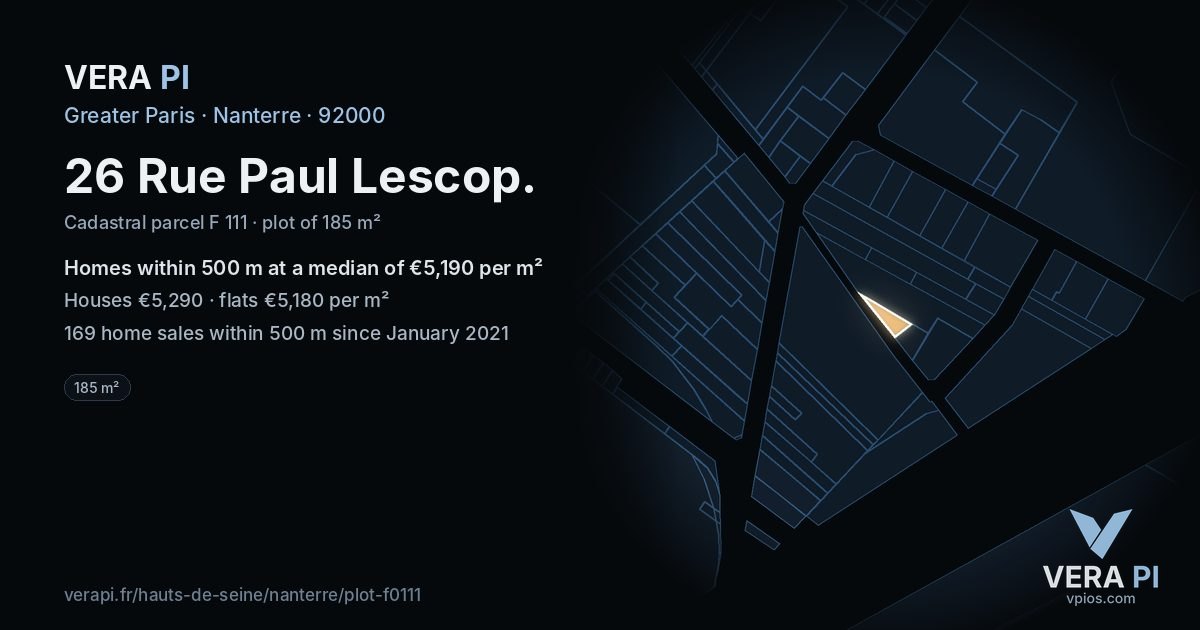 26 Rue Paul Lescop, Nanterre at night – the plot lit, the parcels around coloured by the prices near them