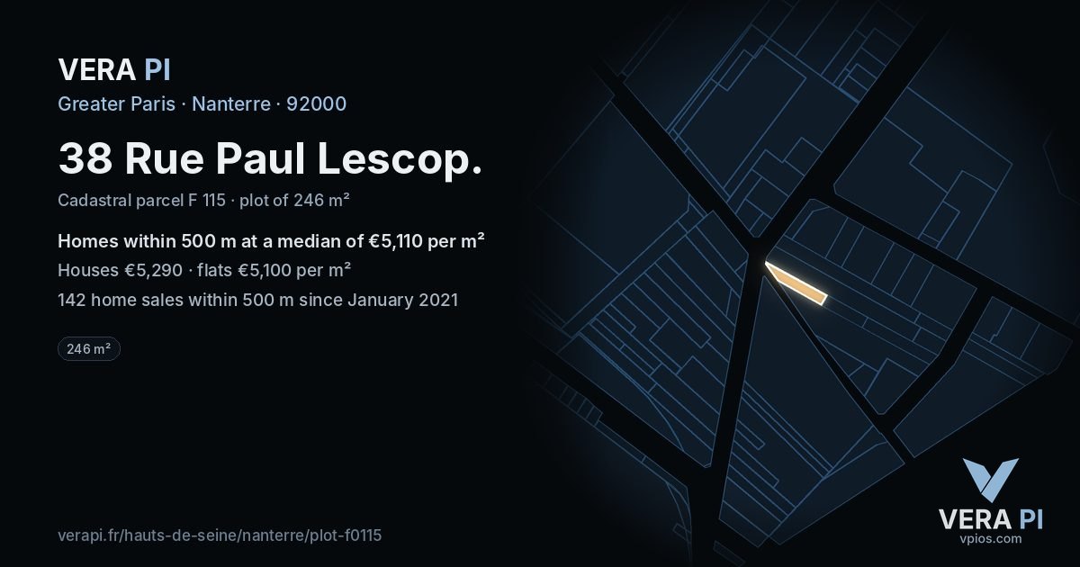 38 Rue Paul Lescop, Nanterre at night – the plot lit, the parcels around coloured by the prices near them