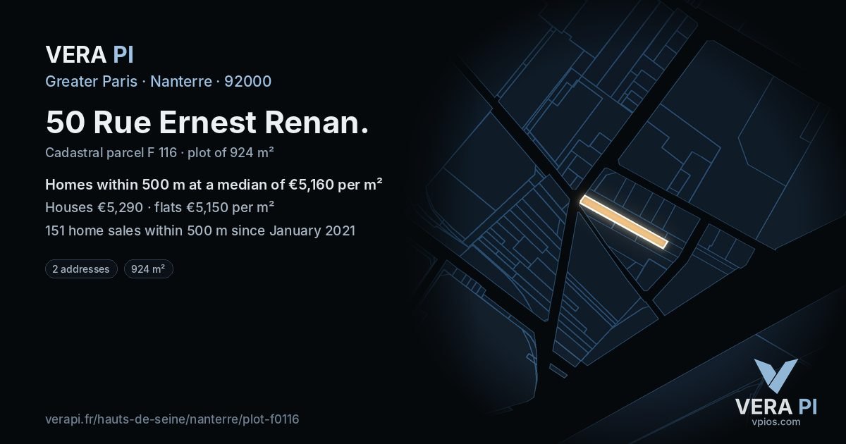 50 Rue Ernest Renan, Nanterre at night – the plot lit, the parcels around coloured by the prices near them