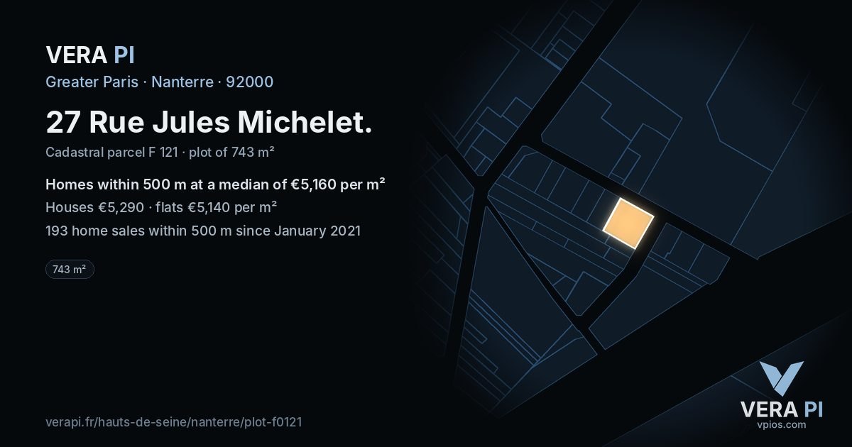 27 Rue Jules Michelet, Nanterre at night – the plot lit, the parcels around coloured by the prices near them