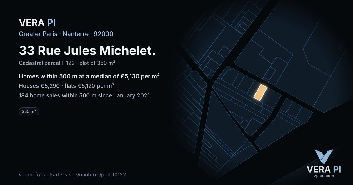33 Rue Jules Michelet, Nanterre at night – the plot lit, the parcels around coloured by the prices near them