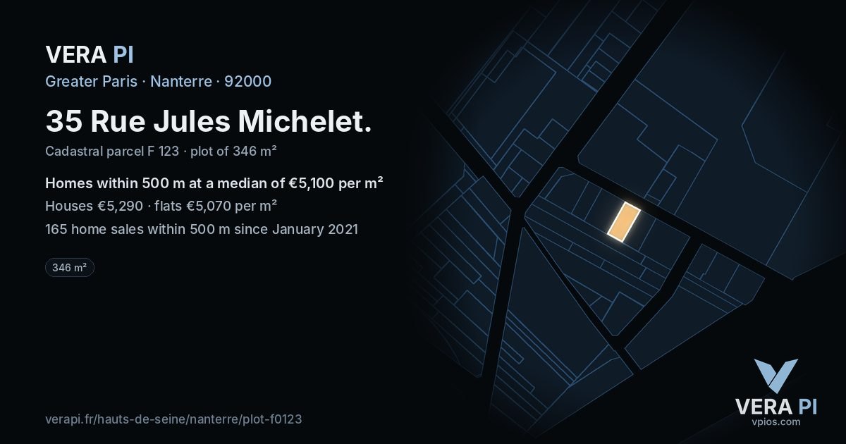35 Rue Jules Michelet, Nanterre at night – the plot lit, the parcels around coloured by the prices near them
