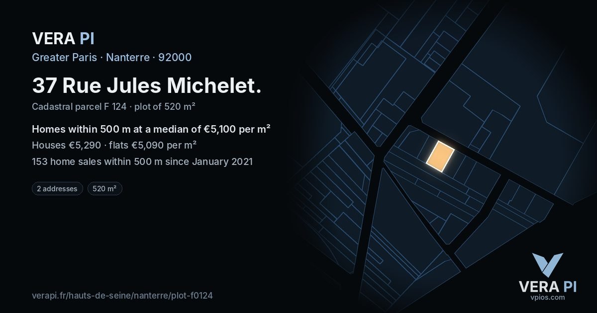 37 Rue Jules Michelet, Nanterre at night – the plot lit, the parcels around coloured by the prices near them