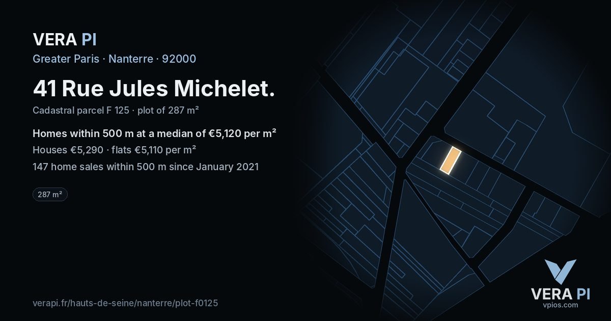 41 Rue Jules Michelet, Nanterre at night – the plot lit, the parcels around coloured by the prices near them