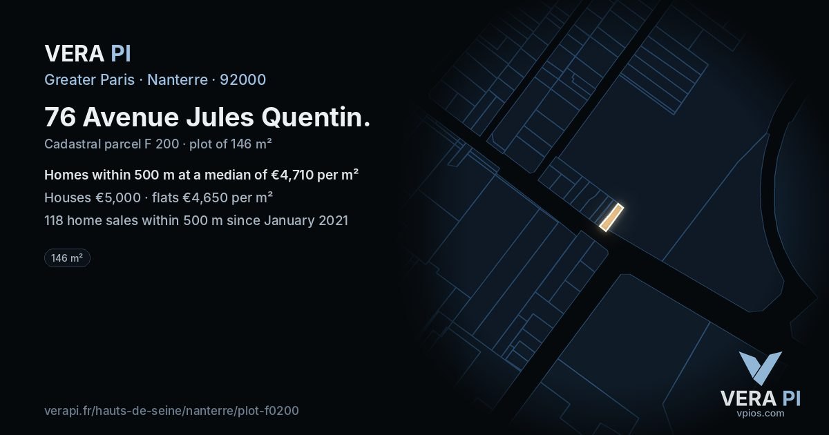 76 Avenue Jules Quentin, Nanterre at night – the plot lit, the parcels around coloured by the prices near them