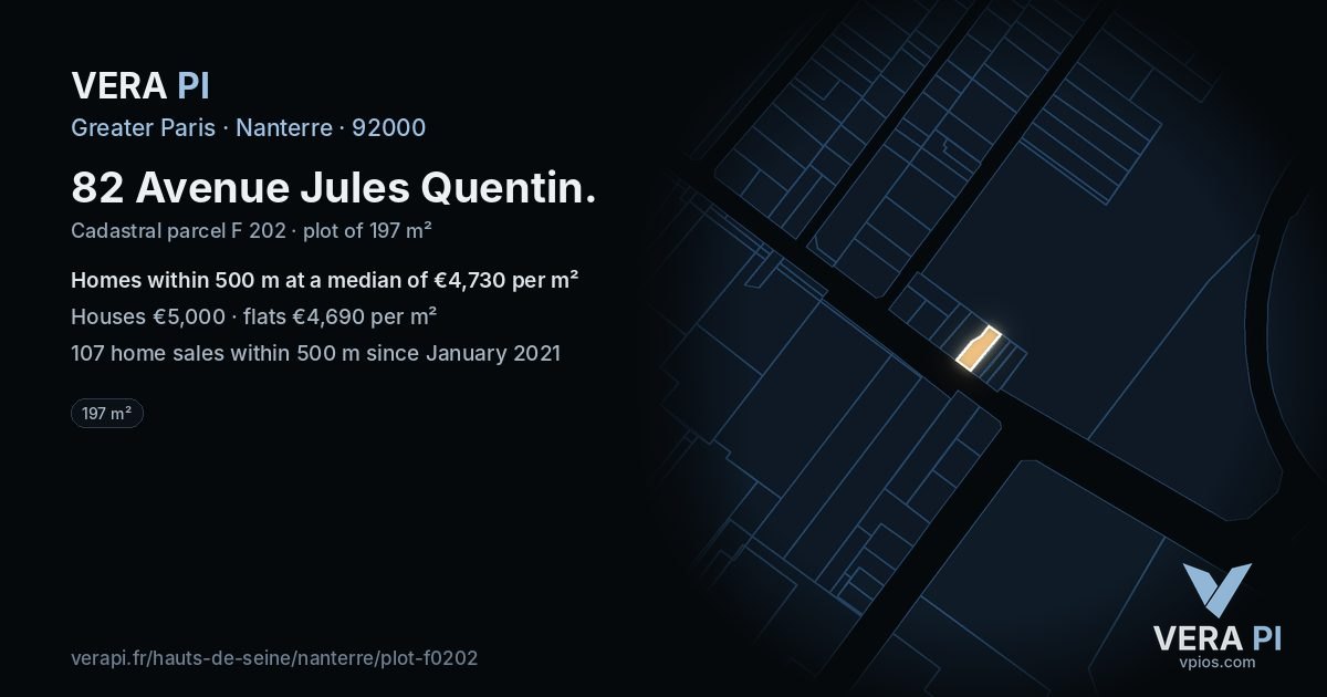 82 Avenue Jules Quentin, Nanterre at night – the plot lit, the parcels around coloured by the prices near them