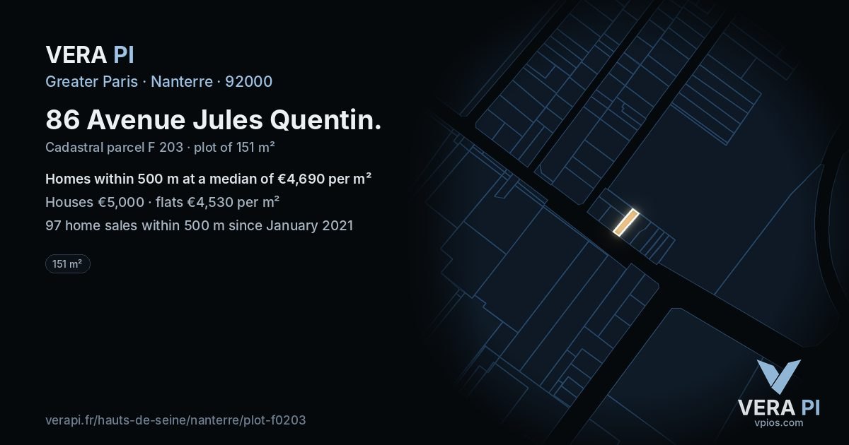 86 Avenue Jules Quentin, Nanterre at night – the plot lit, the parcels around coloured by the prices near them