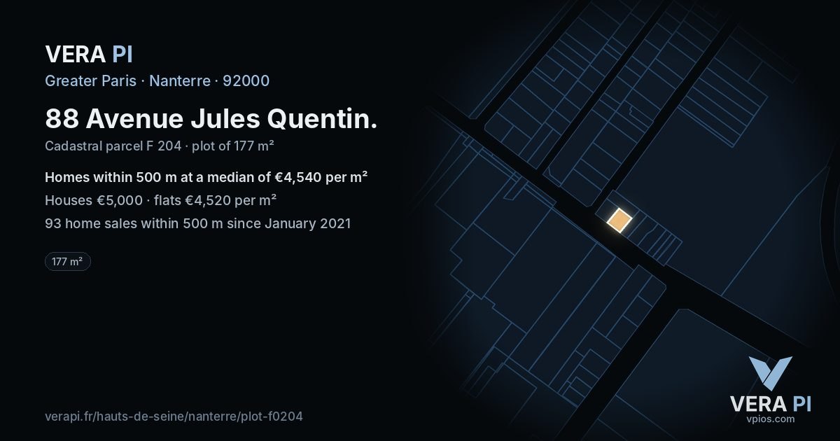 88 Avenue Jules Quentin, Nanterre at night – the plot lit, the parcels around coloured by the prices near them