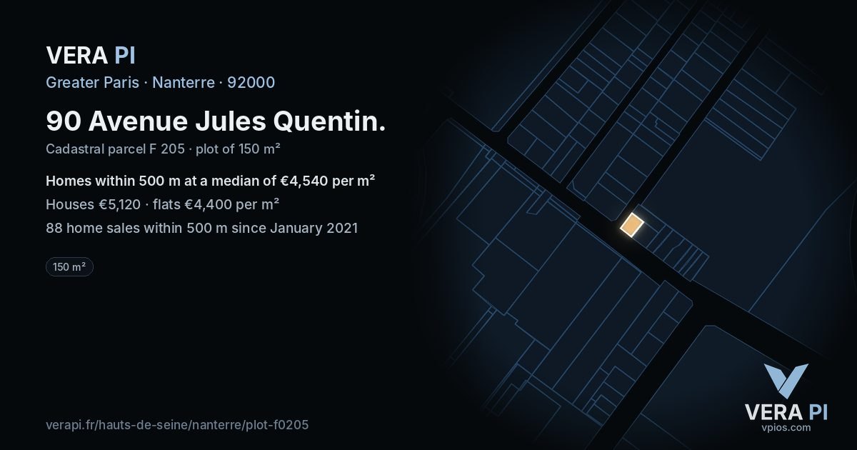 90 Avenue Jules Quentin, Nanterre at night – the plot lit, the parcels around coloured by the prices near them