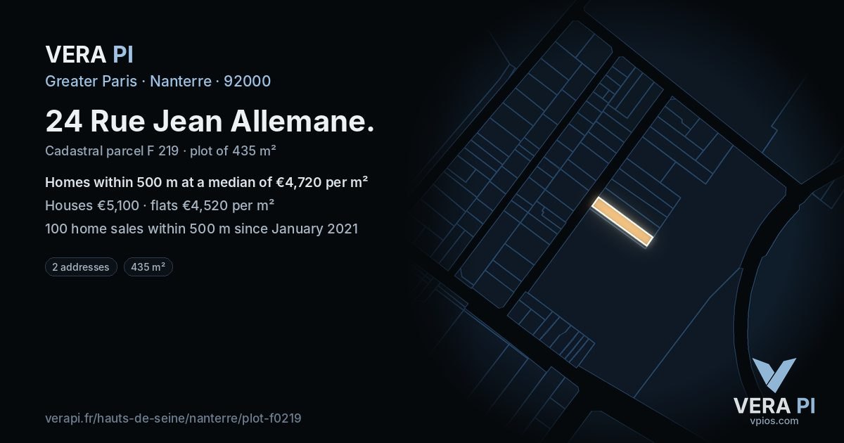 24 Rue Jean Allemane, Nanterre at night – the plot lit, the parcels around coloured by the prices near them