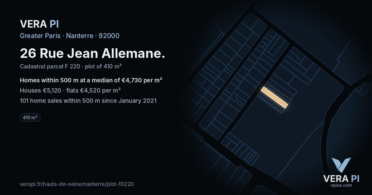 26 Rue Jean Allemane, Nanterre at night – the plot lit, the parcels around coloured by the prices near them
