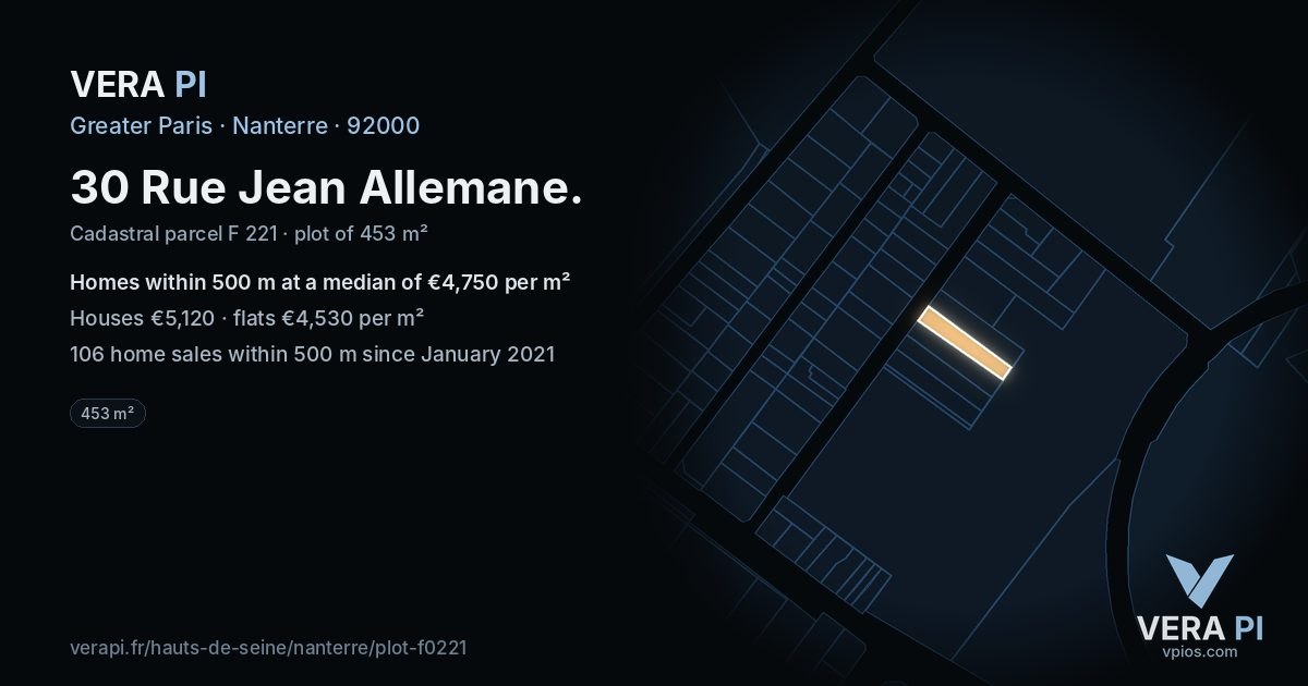 30 Rue Jean Allemane, Nanterre at night – the plot lit, the parcels around coloured by the prices near them